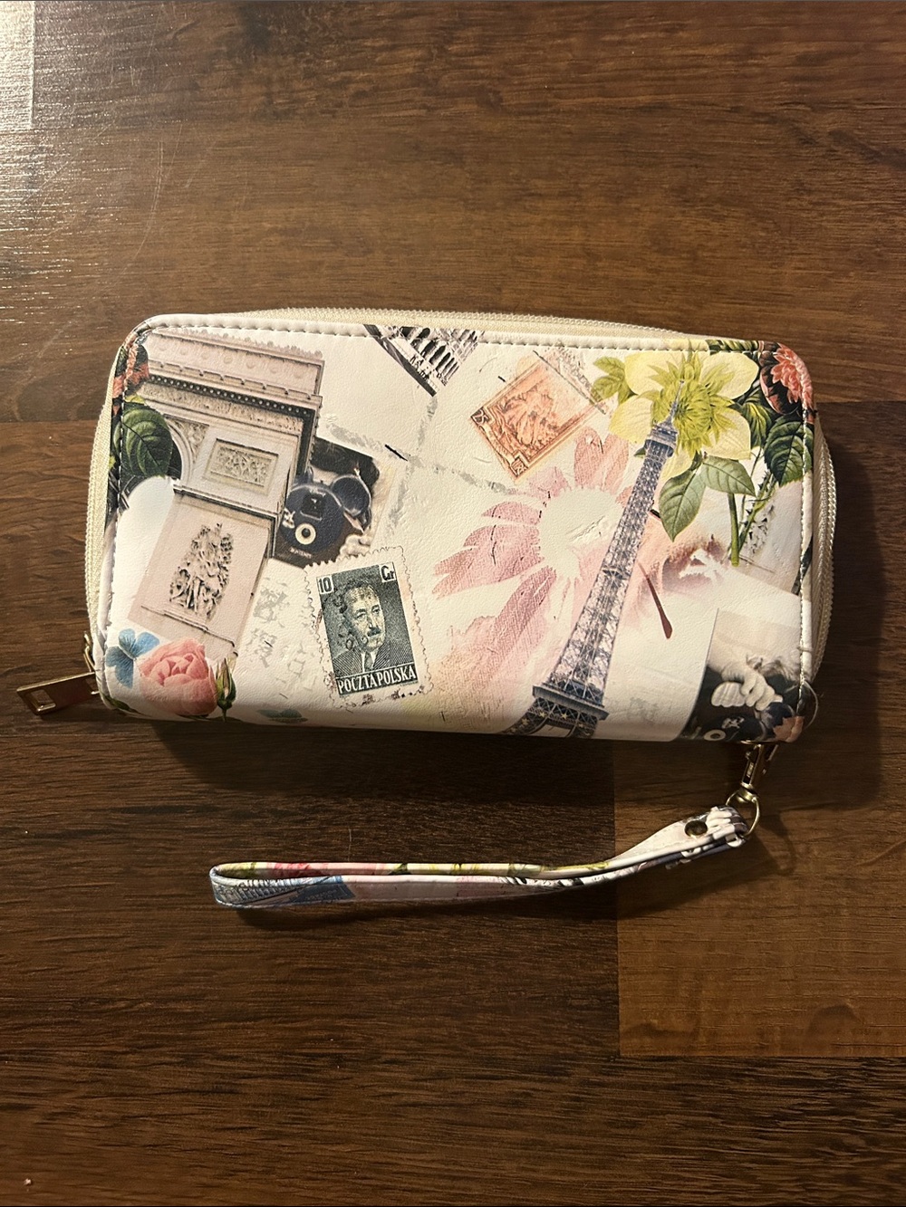 Floral Paris Print Zip-Around Wristlet Wallet - Pink